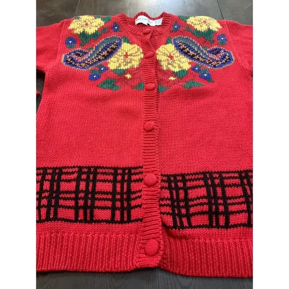Vintage The Eagle's Eye Sweater Hand Knit Teacher School Cardigan Flowers SZ M - Picture 2 of 9
